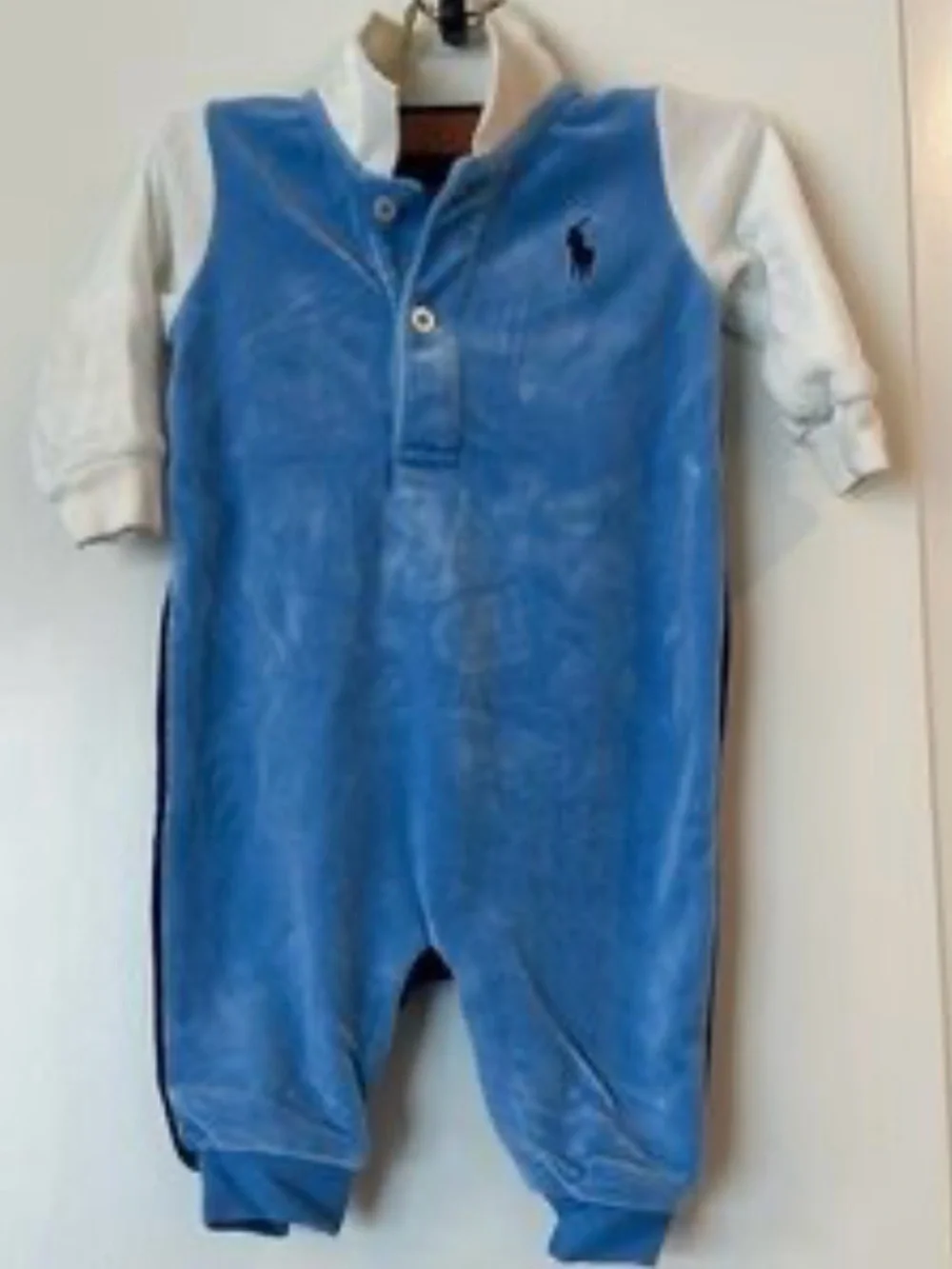 Ralph Lauren Blue Velour Infant One-Piece with White Sleeves